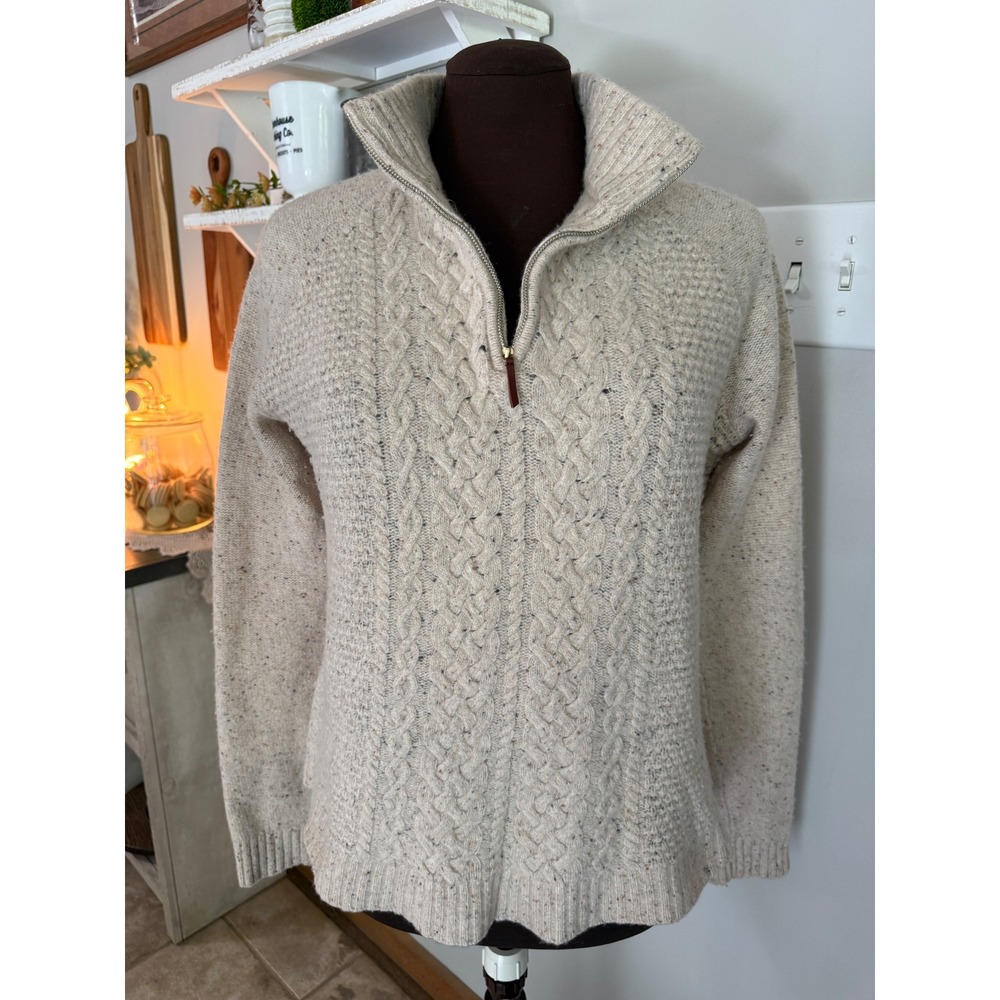 Vineyard Vines Quarter Zip Sweater Medium Cream Lambswool Cable Knit Flecked